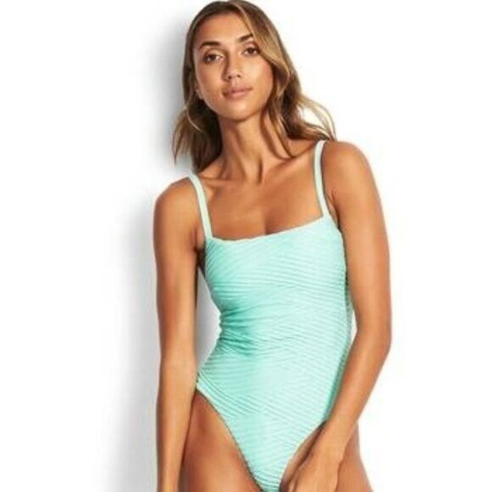 NWT Seafolly Fresh Mint Square Neck Maillot Swimsuit US Size 8